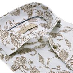 John Miller Lichtblauw tailored fit katoen/linnen overhemd met bruine print