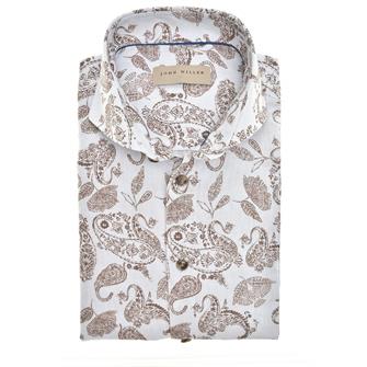 John Miller Lichtblauw tailored fit katoen/linnen overhemd met bruine print